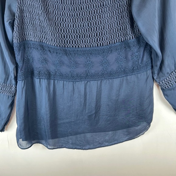 Sundance Crochet Trim Blouse Top Women's Medium Blue Long Sleeve Square Neck - Picture 6 of 7